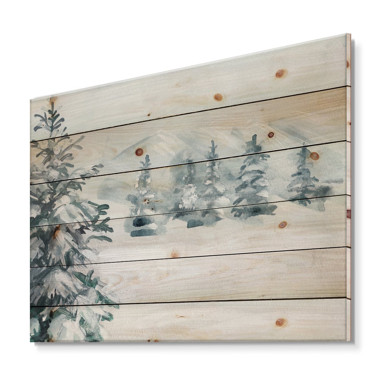 Designart - Snowy Pine Trees - Traditional Print on Natural Pine Wood